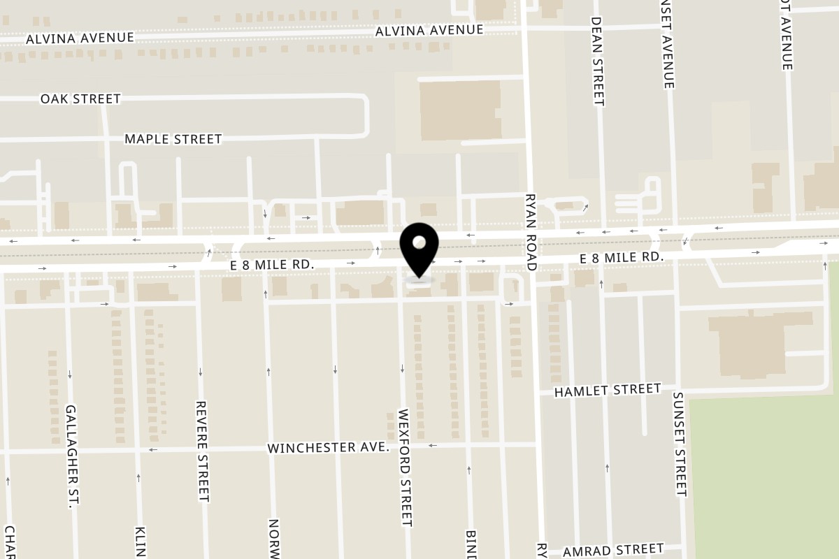 Map showing the location of Krave Eatery on 3910 E Eight Mile Rd in Detroit